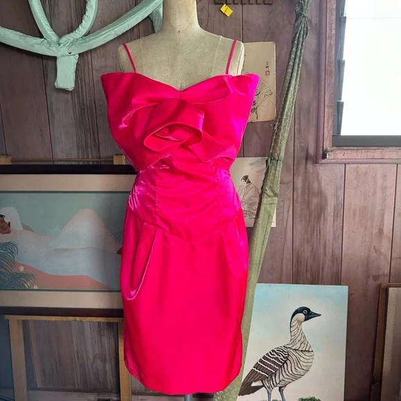 a line long bridesmaid dresses 1980s Pink Shantung Silk Ruched Bustier Dress Small